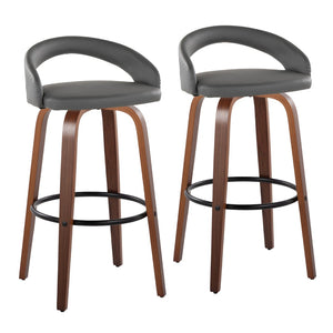 English Elm Fixed-height Swivel Barstools Walnut Bentwood Legs Grey Faux Leather Seat Set of 2 B202S01858