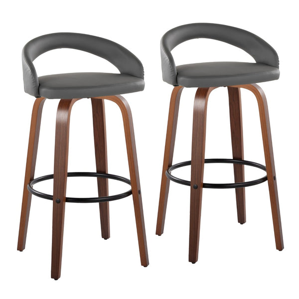 English Elm Fixed-height Swivel Barstools Walnut Bentwood Legs Grey Faux Leather Seat Set of 2 B202S01858