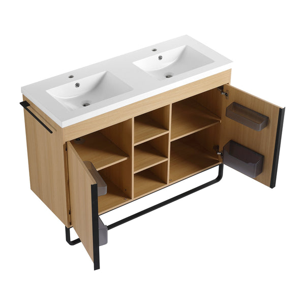 English Elm 48" Freestanding Bathroom Vanity With Resin Double Sink, Soft-Close Doors & Open Storage For Modern Style W999S00479