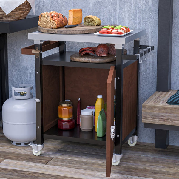 English Elm Outdoor Grill Cart – Stainless Steel Tabletop & Storage, Mobile Bbq Island With Hooks & Spice Rack W1422P212119-GIGA