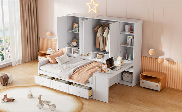 English Elm Full Size Wooden Daybed With Versatile Workspace, Three Storage Drawers, And Adjustable Shelves N820S00055K