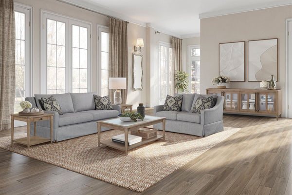 English Elm Loveseat In Elegant Light Gray With Reversible Cushions, Tailored Skirt & 2 Accent Pillows B2699P225137