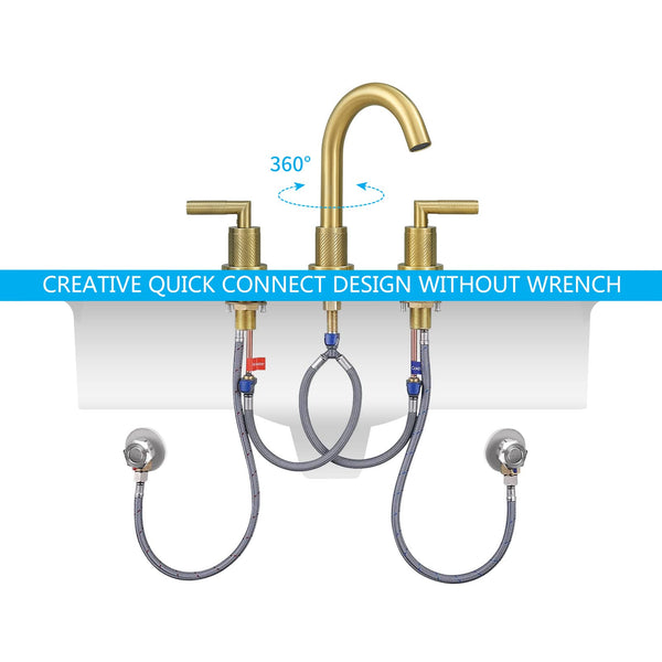 English Elm Gold Brushed Widespread Bathroom Faucet 2-Handle 8" Deck Mount, 360° Swivel, Pop-Up Drain, Hoses T3177P277501