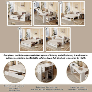 English Elm Queen Daybed with Hydraulic Desk Storage Drawers and Convertible Sofa for Small Spaces White LT000272AAK