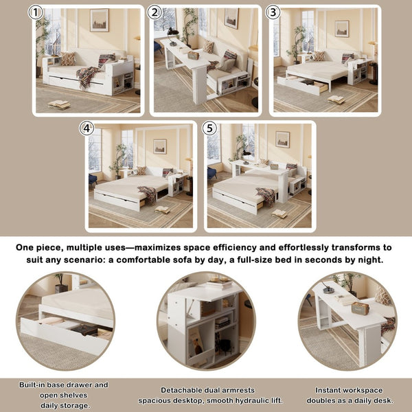 English Elm Queen Daybed with Hydraulic Desk Storage Drawers and Convertible Sofa for Small Spaces White LT000272AAK