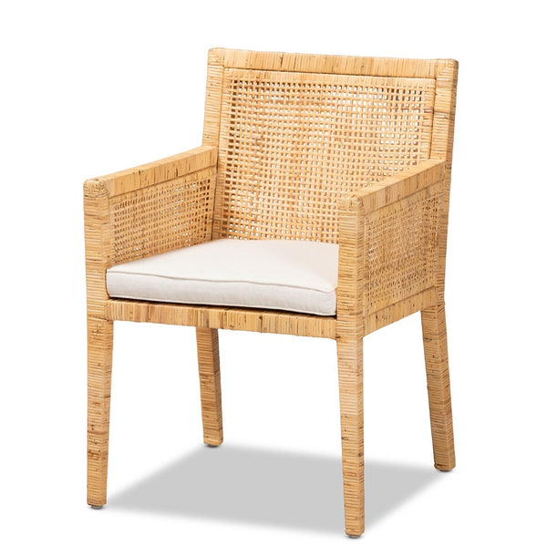 Baxton Studio bali Karis Handcrafted Modern Rattan & Mahogany Dining Chair with Plush Cushion for Tropical Style Karis-Natural-DC