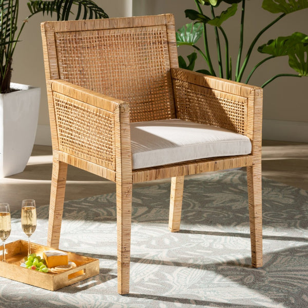 Baxton Studio bali Karis Handcrafted Modern Rattan & Mahogany Dining Chair with Plush Cushion for Tropical Style Karis-Natural-DC