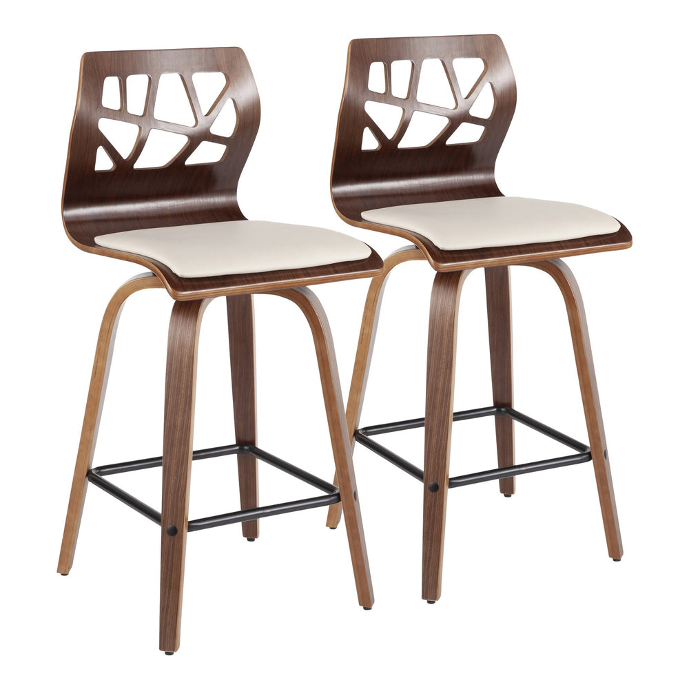 English Elm Folia Mid-Century Modern Counter Stools Set Of 2 - Walnut Frame & Cream Faux Leather Comfort B202S00264