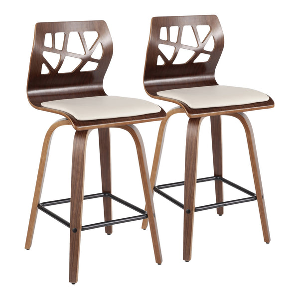 English Elm Folia Mid-Century Modern Counter Stools Set Of 2 - Walnut Frame & Cream Faux Leather Comfort B202S00264
