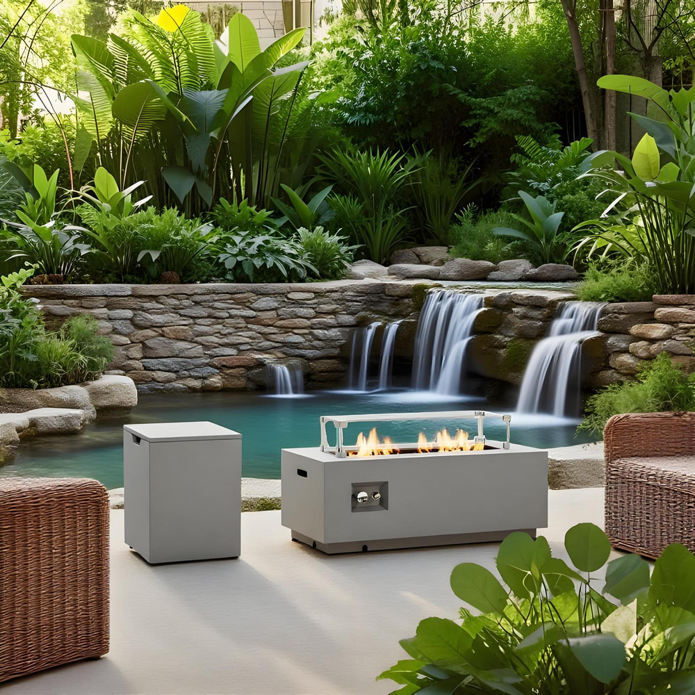 English Elm 42" 50000BTU Propane Fire Pit Table with Glass Wind Guard, Stainless Steel Burner, Lava Rocks, Gray Outdoor Patio W853P270562