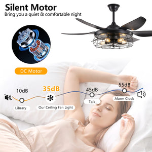 English Elm 52" Modern Black Ceiling Fan with Light Remote, 6-Blade Industrial Cage, Silent DC Motor, Reversible Speed W1340P272386