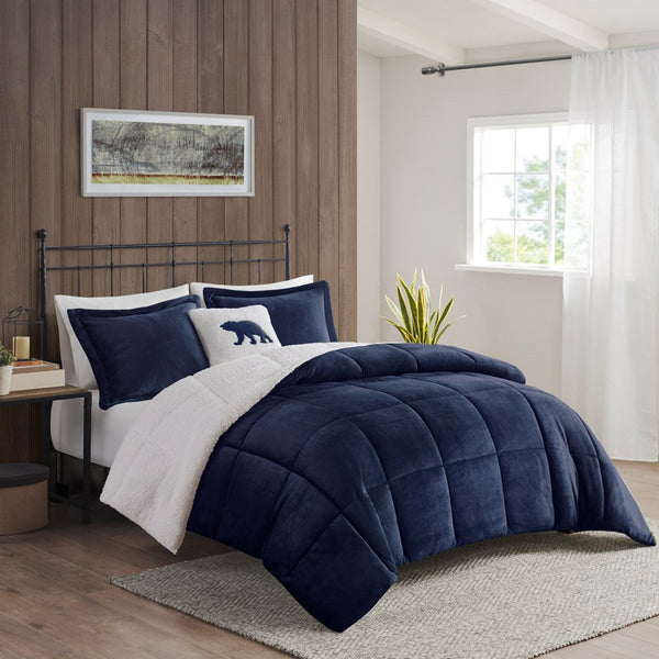 English Elm King Alton Plush to Sherpa Comforter Set — Reversible Cozy Cabin Style, Hypoallergenic, OEKO-TEX Certified Navy+Ivory 22.44 L x 20.87 W x 15.35 H B035100483
