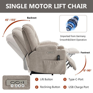 English Elm Emon's Overstuffed Chenille Power Lift Recliner with Massage Heat and Charging Ports Khaki W1803S00089