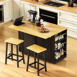 English Elm K&K 48in Kitchen Island Set with 2 Stools, Built-In Power Station, Drop Leaf & Ample Storage Space Black N707S000015B