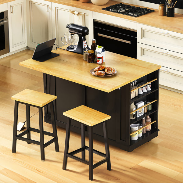English Elm K&K 48in Kitchen Island Set with 2 Stools, Built-In Power Station, Drop Leaf & Ample Storage Space Black N707S000015B
