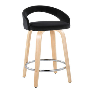 English Elm Fixed-height Swivel Counterstools with Velvet Seats Bent Wood Legs Chrome Footrest Set of 2 B202S01763