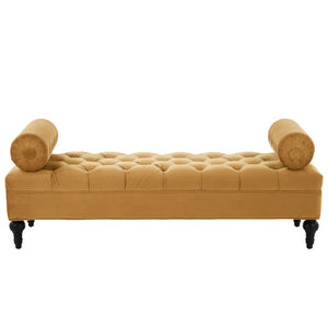 English Elm Modern Tufted Velvet Bench with Gourd Legs and Pillows for Bedroom Entryway Yellow N761P335807L