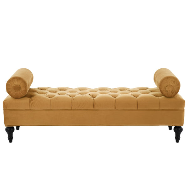 English Elm Modern Tufted Velvet Bench with Gourd Legs and Pillows for Bedroom Entryway Yellow N761P335807L