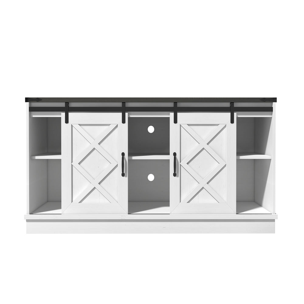 English Elm Farmhouse Rustic TV Stand with Barn Doors and Cable Management — Spacious Wooden Media Console White 63.58 L x 18.9 W x 6.77 H T3609P332398