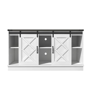 English Elm Farmhouse Rustic TV Stand with Barn Doors and Cable Management — Spacious Wooden Media Console White 63.58 L x 18.9 W x 6.77 H T3609P332398