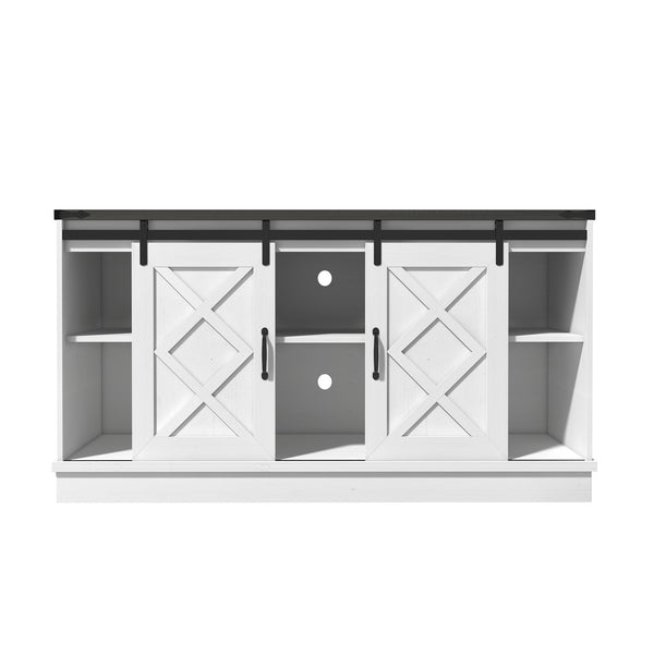 English Elm Farmhouse Rustic TV Stand with Barn Doors and Cable Management — Spacious Wooden Media Console White 63.58 L x 18.9 W x 6.77 H T3609P332398
