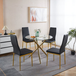 English Elm 1+4,5Pieces Mid-Century Dining Set With Glass Top & Metal Legs - Stylish Table For 4-6 People W234S00116