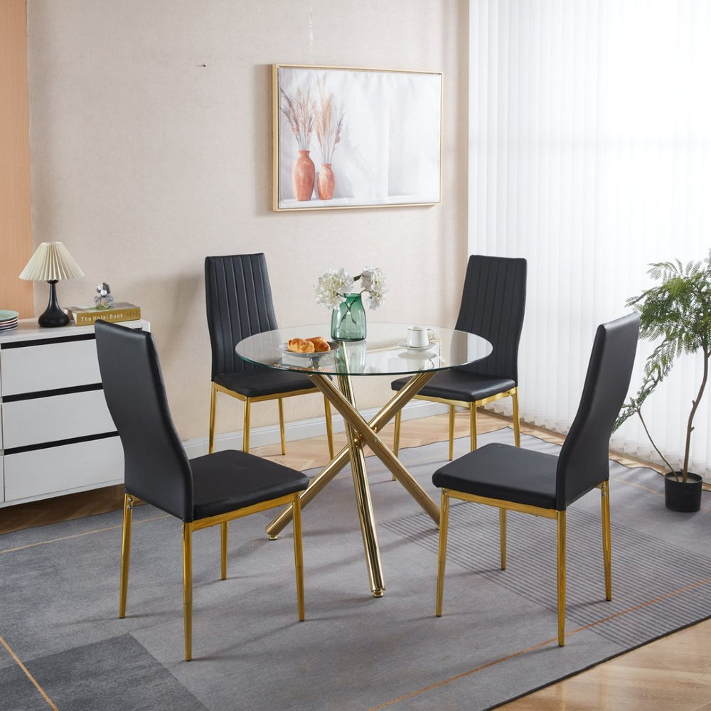 English Elm 1+4,5pieces Mid-century Pedestal Dining Set Tempered Glass Top Metal Base Seats Six W234S00116