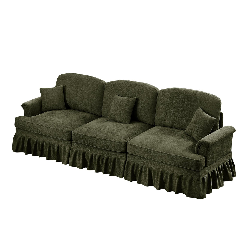 English Elm Elegant Mid Century 3-Seater Sofa With Flared Arms & Removable Skirts – Versatile Green Chenille Comfort W3041S00266