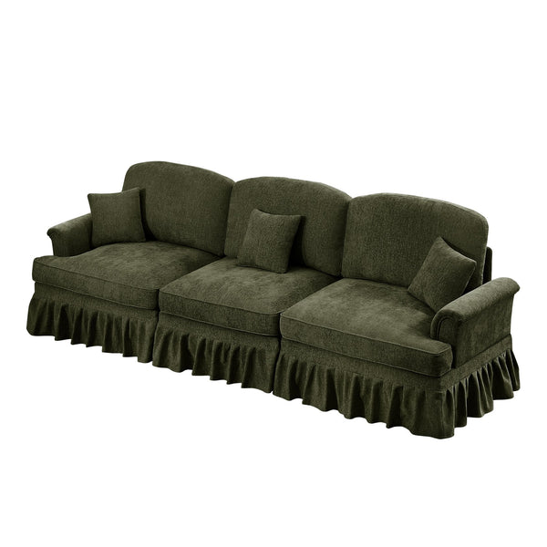 English Elm Elegant Mid Century 3-Seater Sofa With Flared Arms & Removable Skirts – Versatile Green Chenille Comfort W3041S00266