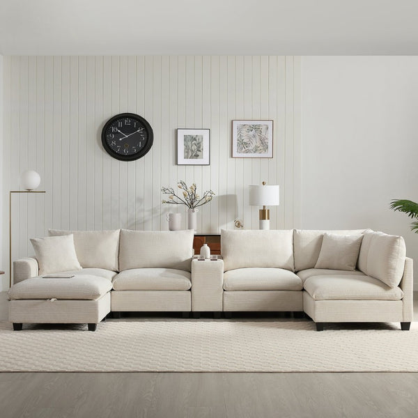 English Elm 139'' U-shaped Corduroy Sectional with Ottoman Console Usb Port and Cup Holders for Living Beige N723S1166A