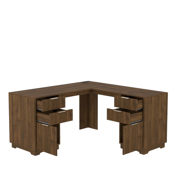 English Elm L Shaped Corner Desk with Storage Cabinet Built in Charging Station Home Office W1321S00037