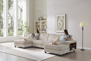 English Elm Convertible U-Shaped Sofa With Storage, Cozy Corduroy Fabric, Modern 4-Seat Design For Living Rooms W1793S00027