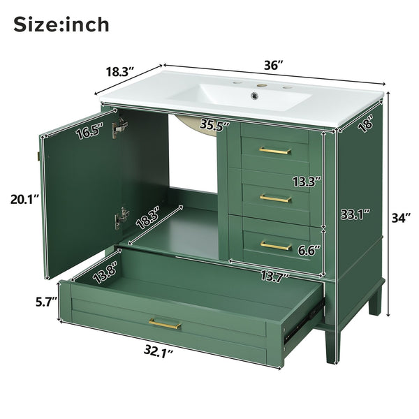 English Elm 36" Green Bathroom Vanity Solid Pine Frame with Soft-Close Door, 3 Varied Drawers & Ceramic Top N729P211167F