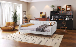 English Elm Full Size Linen Tufted Daybed with Pine Frame for Living or Guest Room Beige DL001825AAK-1