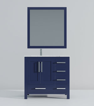 English Elm Navy Bath Vanity 36" W x 22" D with Left Carrara Marble Top, Chrome Faucet, 34" Mirror, Durable Finish B2731S01268