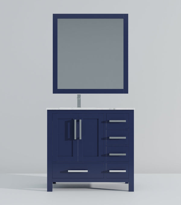 English Elm Navy Bath Vanity 36" W x 22" D with Left Carrara Marble Top, Chrome Faucet, 34" Mirror, Durable Finish B2731S01268