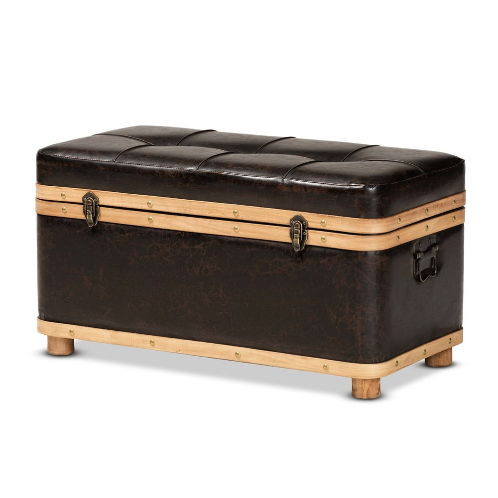 Baxton Studio Baxton Studio Gendry Large Storage Ottoman - Rustic Dark Brown Faux Leather & Oak Wood Design JY20B054L-Dark Brown-Large Otto