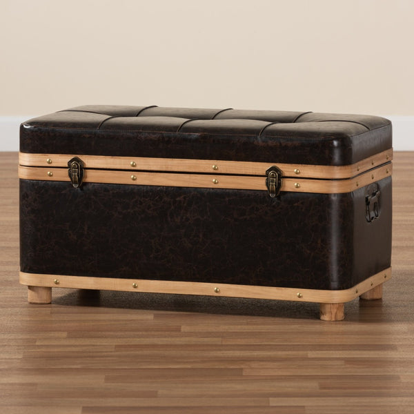 Baxton Studio Baxton Studio Gendry Large Storage Ottoman - Rustic Dark Brown Faux Leather & Oak Wood Design JY20B054L-Dark Brown-Large Otto