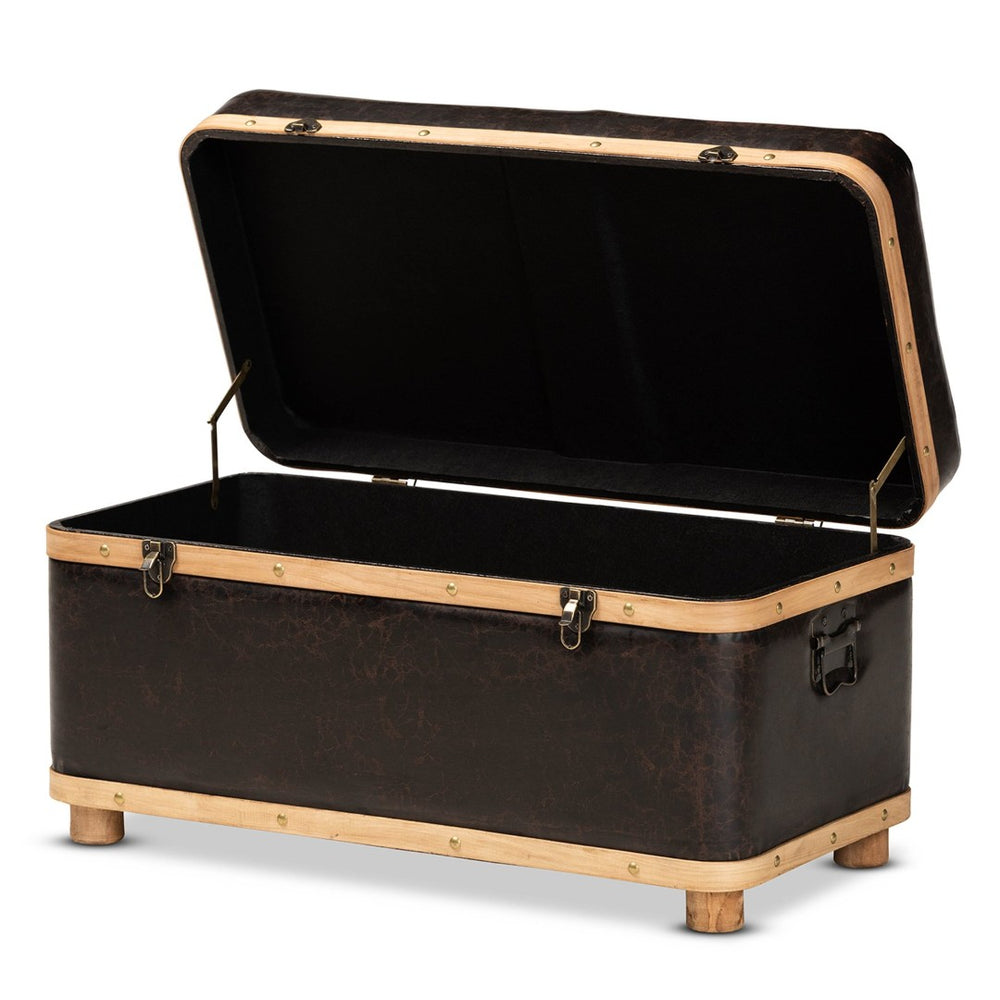 Baxton Studio Baxton Studio Gendry Large Storage Ottoman - Rustic Dark Brown Faux Leather & Oak Wood Design JY20B054L-Dark Brown-Large Otto