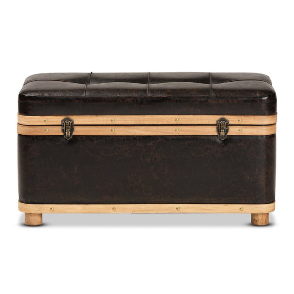 Baxton Studio Baxton Studio Gendry Large Storage Ottoman - Rustic Dark Brown Faux Leather & Oak Wood Design JY20B054L-Dark Brown-Large Otto