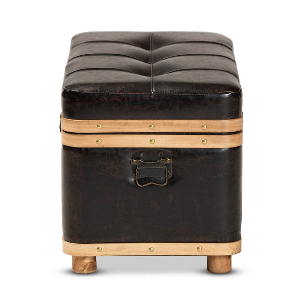 Baxton Studio Baxton Studio Gendry Large Storage Ottoman - Rustic Dark Brown Faux Leather & Oak Wood Design JY20B054L-Dark Brown-Large Otto