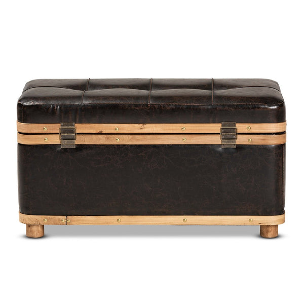 Baxton Studio Baxton Studio Gendry Large Storage Ottoman - Rustic Dark Brown Faux Leather & Oak Wood Design JY20B054L-Dark Brown-Large Otto