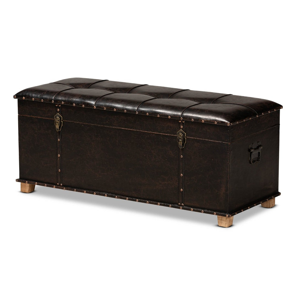 Baxton Studio Baxton Studio Janna Rustic Storage Ottoman - Dark Brown Faux Leather with Oak Finish & Brass Accents JY20B055L-Dark Brown-Large Otto