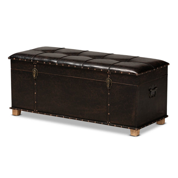 Baxton Studio Baxton Studio Janna Rustic Storage Ottoman - Dark Brown Faux Leather with Oak Finish & Brass Accents JY20B055L-Dark Brown-Large Otto