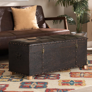 Baxton Studio Baxton Studio Janna Rustic Storage Ottoman - Dark Brown Faux Leather with Oak Finish & Brass Accents JY20B055L-Dark Brown-Large Otto