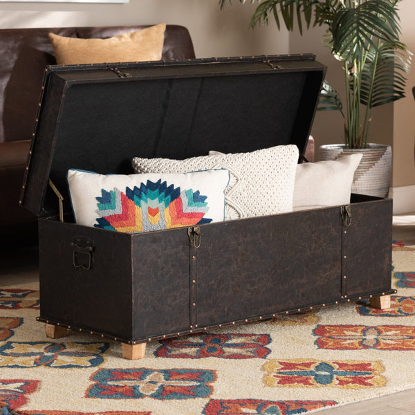 Baxton Studio Baxton Studio Janna Rustic Storage Ottoman - Dark Brown Faux Leather with Oak Finish & Brass Accents JY20B055L-Dark Brown-Large Otto