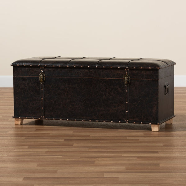 Baxton Studio Baxton Studio Janna Rustic Storage Ottoman - Dark Brown Faux Leather with Oak Finish & Brass Accents JY20B055L-Dark Brown-Large Otto