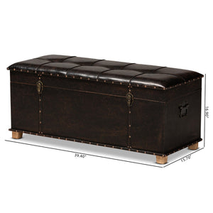 Baxton Studio Baxton Studio Janna Rustic Storage Ottoman - Dark Brown Faux Leather with Oak Finish & Brass Accents JY20B055L-Dark Brown-Large Otto