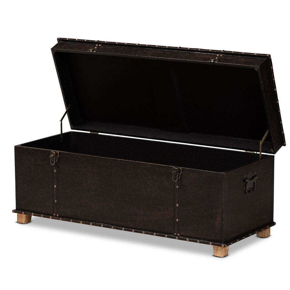 Baxton Studio Baxton Studio Janna Rustic Storage Ottoman - Dark Brown Faux Leather with Oak Finish & Brass Accents JY20B055L-Dark Brown-Large Otto