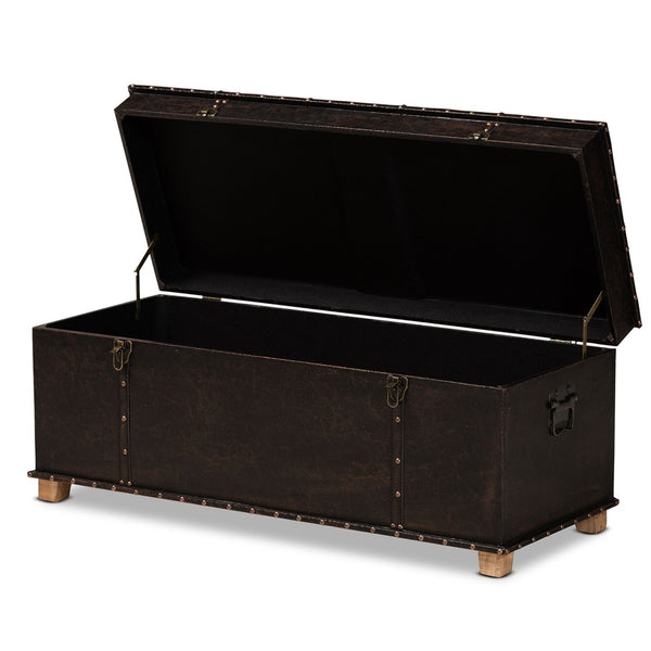 Baxton Studio Baxton Studio Janna Rustic Storage Ottoman - Dark Brown Faux Leather with Oak Finish & Brass Accents JY20B055L-Dark Brown-Large Otto